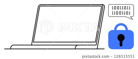 A laptop with a speech bubble containing binary code and a blue lock icon. Ideal for cybersecurity, data protection, encryption, online safety, technology. Minimalist style A laptop with a speech bubble containing binary code and a blue lock icon. Ideal for cybersecurity, data protection, encryption, online safety, technology. Minimalist style 126513551