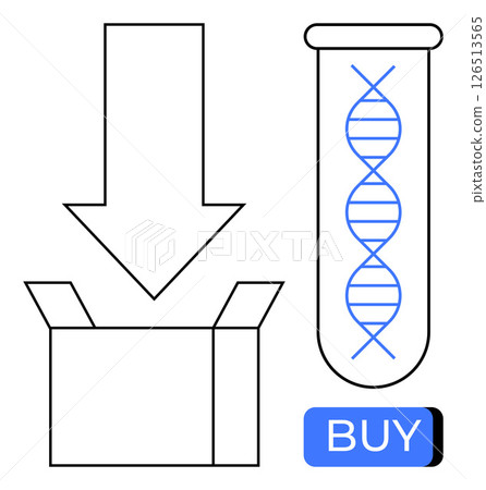 DNA double helix in test tube with open box and downward arrow, showcasing concept of genetic testing kit purchase. Ideal for e-commerce, healthcare, technology, innovation, online shopping 126513565