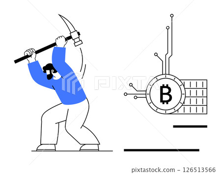 Miner with a pickaxe hits a Bitcoin symbol connected to circuitry. Ideal for cryptocurrency, blockchain, digital finance, mining, fintech themes. Simplistic vector style with blue and black colours 126513566