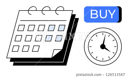 Calendar with ring binding, clock showing time, and blue BUY button. Ideal for scheduling, deadlines, appointments, reminders, online shopping, e-commerce promotions, and time-sensitive deals. Line Calendar with ring binding, clock showing time, and blue BUY button. Ideal for scheduling, deadlines, appointments, reminders, online shopping, e-commerce promotions, and time-sensitive deals. Line 126513567
