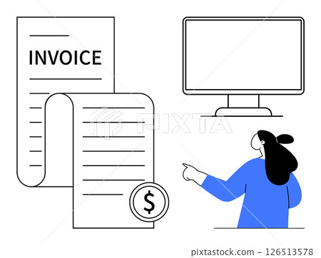 Invoice document with dollar sign, woman pointing to computer screen. Ideal for billing, finance, accounting, office tasks, online payments. Simple line art style Invoice document with dollar sign, woman pointing to computer screen. Ideal for billing, finance, accounting, office tasks, online payments. Simple line art style 126513578