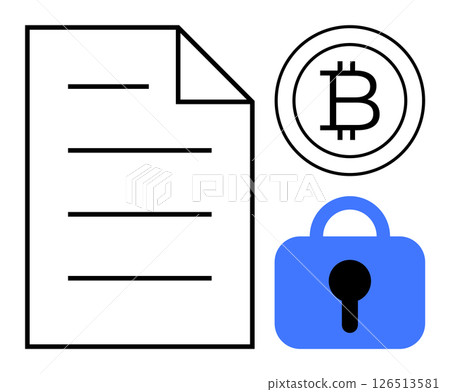 A document icon, a Bitcoin symbol, and a lock icon are visible. Ideal for digital security, cryptocurrency, data encryption, online privacy, and secure transactions themes. Minimalist modern style 126513581