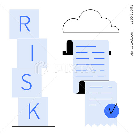 Blocks spell out RISK adjacent to a checklist with checkmark and cloud symbol. Ideal for business, data security, risk management, technology, compliance. Clean and minimalist style 126513592