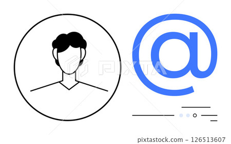 Mans profile outline in a circle beside a blue symbol. Ideal for user profiles, online identity, digital communication, email services, social media, networking, and branding. Line metaphor Mans profile outline in a circle beside a blue symbol. Ideal for user profiles, online identity, digital communication, email services, social media, networking, and branding. Line metaphor 126513607