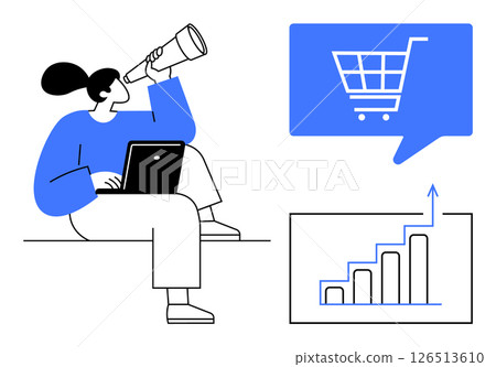 Woman using telescope while working on laptop, observing shopping cart icon and bar chart showing upward trend. Ideal for market research, ecommerce, business growth forecasting, strategic planning 126513610