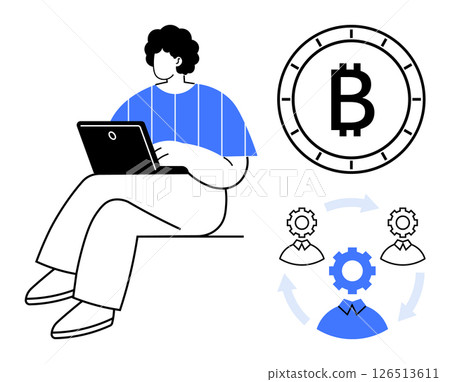 Person seated with laptop, Bitcoin symbol, gears, and teamwork icons. Ideal for blockchain technology, digital currency, online business, fintech services, team collaboration, tech innovation, remote 126513611