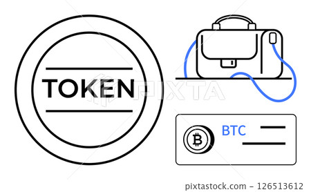 Circular token with TOKEN text, satchel-style wallet, and Bitcoin card labeled BTC. Ideal for cryptocurrency, digital wallets, blockchain finance, online security, fintech, investment, and digital 126513612
