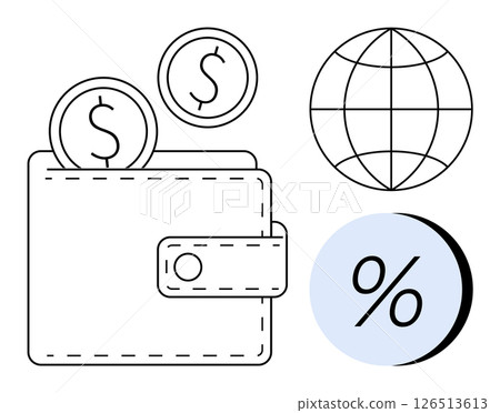 Wallet with two dollar coins, a globe symbol, and a percentage icon. Ideal for finance, savings, banking, global economy, investment, business strategy, and commerce concepts. Line metaphor Wallet with two dollar coins, a globe symbol, and a percentage icon. Ideal for finance, savings, banking, global economy, investment, business strategy, and commerce concepts. Line metaphor 126513613
