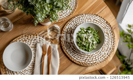 Plant-based meal in cozy eco-friendly dining setup 126513945