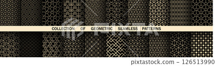 Geometric set of seamless black and golden patterns. Simple vector graphics 126513990