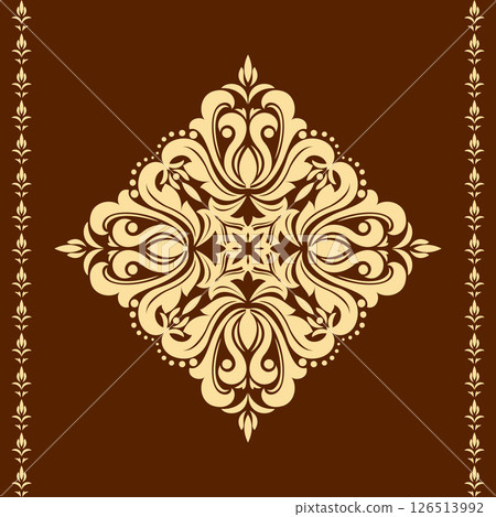 Damask graphic ornament. Floral design element. Golden and brown vector pattern 126513992