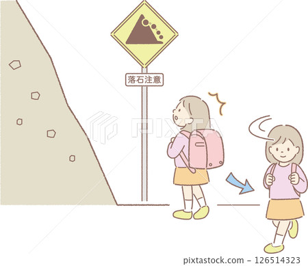 一名小學生在警告落石的標誌前轉身 126514323