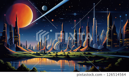 Retro futuristic city in the old school sci-fi art scene. Retro space landscape with city. Generated AI. 126514564