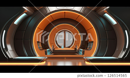 Spaceship or lab interior in retro futuristic sci-fi style with round doors. Generated AI. 126514565