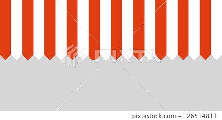 Red and white striped shop awning. Market canopy tent. Sun shade roof. Cafe awning. Shop striped canopy. Seamless pattern. Kiosk window border. Vector illustration isolated on gray background 126514811