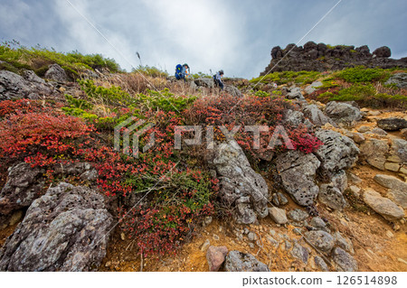 秋葉綏爛的安達太良山鐵山脊登山客們 126514898