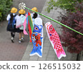 A new carp streamer on the balcony and elementary school students on their way to school 126515032