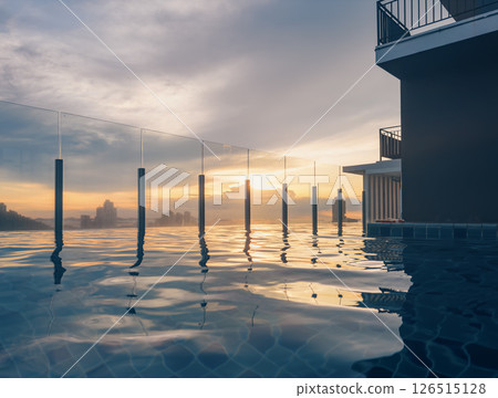 Stunning sunset view from a pool overlooking a city skyline with skyscrapers and mountains at dusk Stunning sunset view from a pool overlooking a city skyline with skyscrapers and mountains at dusk 126515128