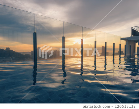 Stunning sunset view from a pool overlooking a city skyline with skyscrapers and mountains at dusk Stunning sunset view from a pool overlooking a city skyline with skyscrapers and mountains at dusk 126515132