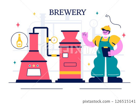 Brewery Production Process Vector Illustration featuring Beer Tanks and Bottles Filled with Alcoholic Drinks for Fermentation in a Flat Background 126515141