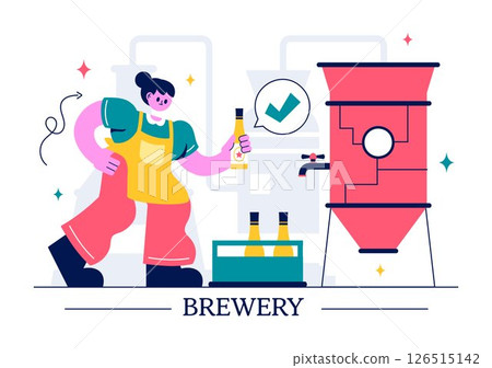 Brewery Production Process Vector Illustration featuring Beer Tanks and Bottles Filled with Alcoholic Drinks for Fermentation in a Flat Background 126515142
