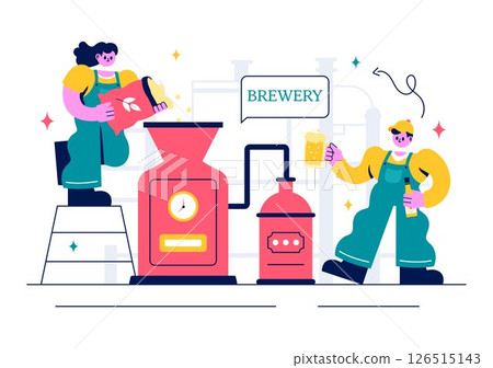 Brewery Production Process Vector Illustration featuring Beer Tanks and Bottles Filled with Alcoholic Drinks for Fermentation in a Flat Background 126515143