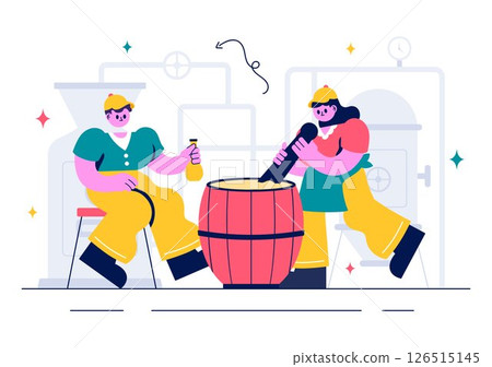 Brewery Production Process Vector Illustration featuring Beer Tanks and Bottles Filled with Alcoholic Drinks for Fermentation in a Flat Background 126515145