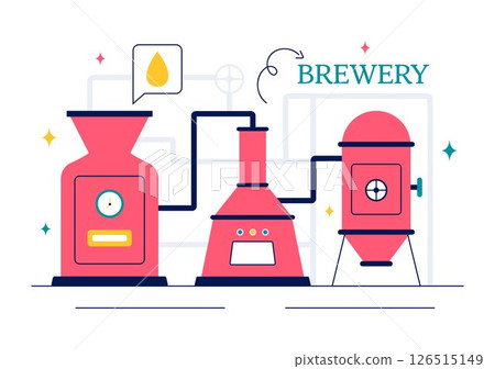 Brewery Production Process Vector Illustration featuring Beer Tanks and Bottles Filled with Alcoholic Drinks for Fermentation in a Flat Background 126515149