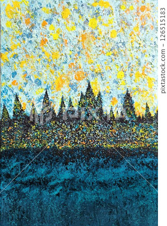 An abstract painting depicting the sea, a sunrise sky, and many castles 126515183