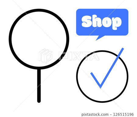 A magnifying glass and a shopping sign with a checkmark. Ideal for online shopping, e-commerce, retail, consumer behavior, marketing promotions. Simple and modern style A magnifying glass and a shopping sign with a checkmark. Ideal for online shopping, e-commerce, retail, consumer behavior, marketing promotions. Simple and modern style 126515196