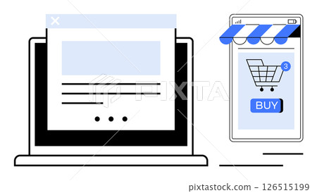 A laptop and smartphone displaying online shopping interfaces. Ideal for online commerce, digital marketing, technology, retail, and web design themes. Color scheme is minimalistic with blue, black A laptop and smartphone displaying online shopping interfaces. Ideal for online commerce, digital marketing, technology, retail, and web design themes. Color scheme is minimalistic with blue, black 126515199