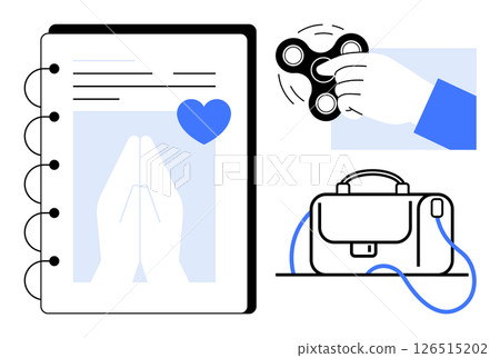 Hand holding fidget spinner, notebook with praying hands and heart, and briefcase. Ideal for stress management, relaxation techniques, organization, corporate life, mental health, productivity, daily 126515202