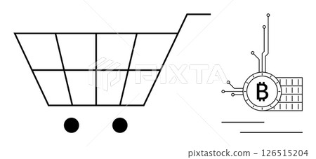 Simple sketch of a shopping cart and a Bitcoin symbol with digital circuit lines. Ideal for e-commerce, cryptocurrency, digital currency, online shopping, and financial technology themes. Minimalist 126515204