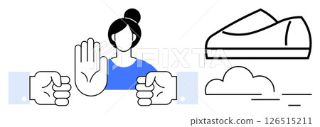 Woman raising hand to stop two clenched fists from fighting, with tranquil shoe and cloud to the side. Ideal for conflict resolution, peace promotion, workplace harmony, anti-violence campaigns Woman raising hand to stop two clenched fists from fighting, with tranquil shoe and cloud to the side. Ideal for conflict resolution, peace promotion, workplace harmony, anti-violence campaigns 126515211