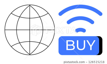 Globe symbolizing world, wireless signal indicating connectivity, and blue BUY button representing online shopping. Ideal for e-commerce, global business, internet connectivity, online transactions 126515218
