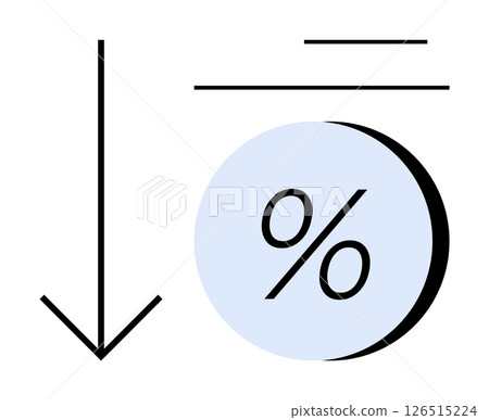 Downward arrow beside a circle with percentage symbol, two horizontal lines above the circle. Ideal for finance, economics, sales, performance, statistics, metrics, business. Line metaphor 126515224