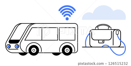 Bus and briefcase connected by cable to wireless and cloud icon. Ideal for smart transportation, future mobility, IoT, business travel, network connectivity, technology integration, cloud services 126515232