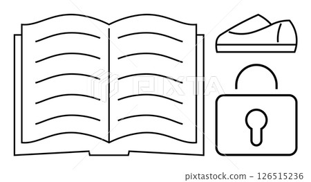 Open book with lines, money bag, and lock symbols. Ideal for educational content, financial literacy, privacy, security measures, academic success, personal growth, digital protection. Line metaphor 126515236