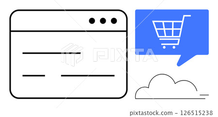 E-commerce website interface with lines representing text beside a blue speech bubble containing a shopping cart symbol and a stylized cloud. Ideal for online shopping, e-commerce platforms, digital 126515238