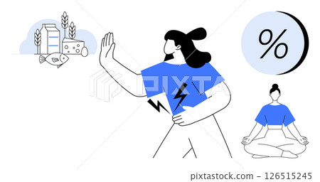 Person avoiding fish, dairy, and wheat while holding stomach in discomfort. Meditation pose for balance and health improvement. Ideal for health, diet, fitness, meditation, wellness, nutrition 126515245