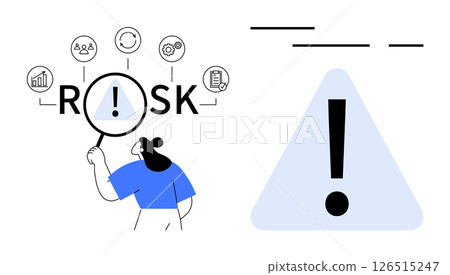 Businesswoman examining the word RISK with magnifying glass over an exclamation mark. Icons representing finance, resources, users. Beside is a large caution sign with exclamation mark. Ideal 126515247