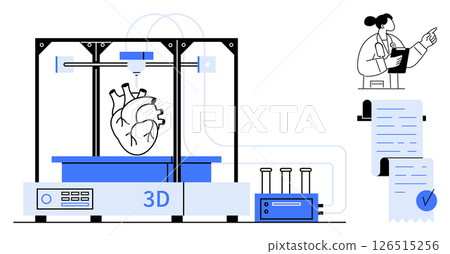 3D printer creating a human heart. Researcher in lab coat with clipboard observes. Ideal for medical innovation, biotechnology advancements, healthcare technology, scientific research, and future 126515256