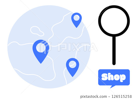 Blue location markers on a world map with a magnifying glass and shop speech bubble. Ideal for retail business navigation digital marketing e-commerce online shopping and store locator services 126515258