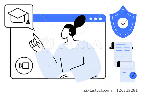Person pointing at a graduation cap on a web browser screen, along with a video call icon, certificate, and security shield. Ideal for education, online learning, certification, security, digital 126515261