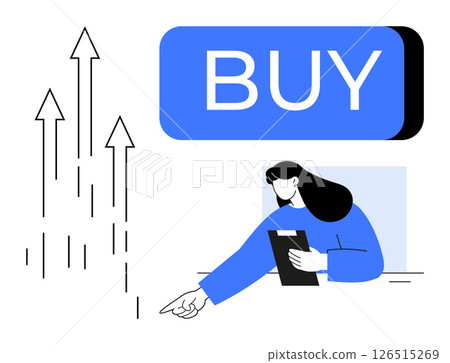 Businesswoman pointing at rising arrows with clipboard, indicating stock market growth and a prominent Buy button. Ideal for finance, stock trading, business strategy, investment guidance, economic Businesswoman pointing at rising arrows with clipboard, indicating stock market growth and a prominent Buy button. Ideal for finance, stock trading, business strategy, investment guidance, economic 126515269