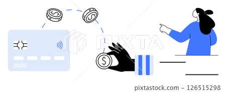 A person points towards a credit card and coins, symbolizing financial management. Ideal for financial services, digital currency, cashless transactions, online banking, budgeting. Minimalist vector 126515298