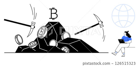 Bitcoin symbols on coins mined from rocks by pickaxes, person seated with laptop next to globe. Ideal for blockchain concepts, cryptocurrency education, digital economies, investment visuals, virtual 126515323