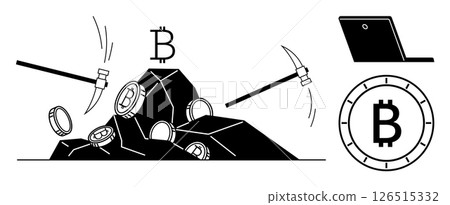 Pickaxes striking rock to reveal Bitcoin coins, Bitcoin symbol, and laptop computer. Ideal for cryptocurrency, blockchain technology, digital finance, mining concepts, fintech, investment, economic Pickaxes striking rock to reveal Bitcoin coins, Bitcoin symbol, and laptop computer. Ideal for cryptocurrency, blockchain technology, digital finance, mining concepts, fintech, investment, economic 126515332