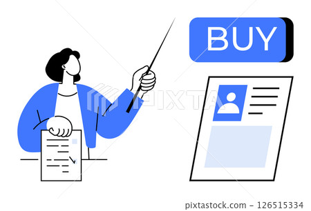 Person holding document and using a pointer to highlight a digital profile with BUY button. Ideal for sales, marketing, presentations, strategy, business communication, online shopping, digital Person holding document and using a pointer to highlight a digital profile with BUY button. Ideal for sales, marketing, presentations, strategy, business communication, online shopping, digital 126515334