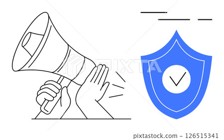 Hands holding a megaphone emitting sound waves next to a blue shield with checkmark. Ideal for communication, security, protection, announcements, marketing, public relations, and customer service 126515341